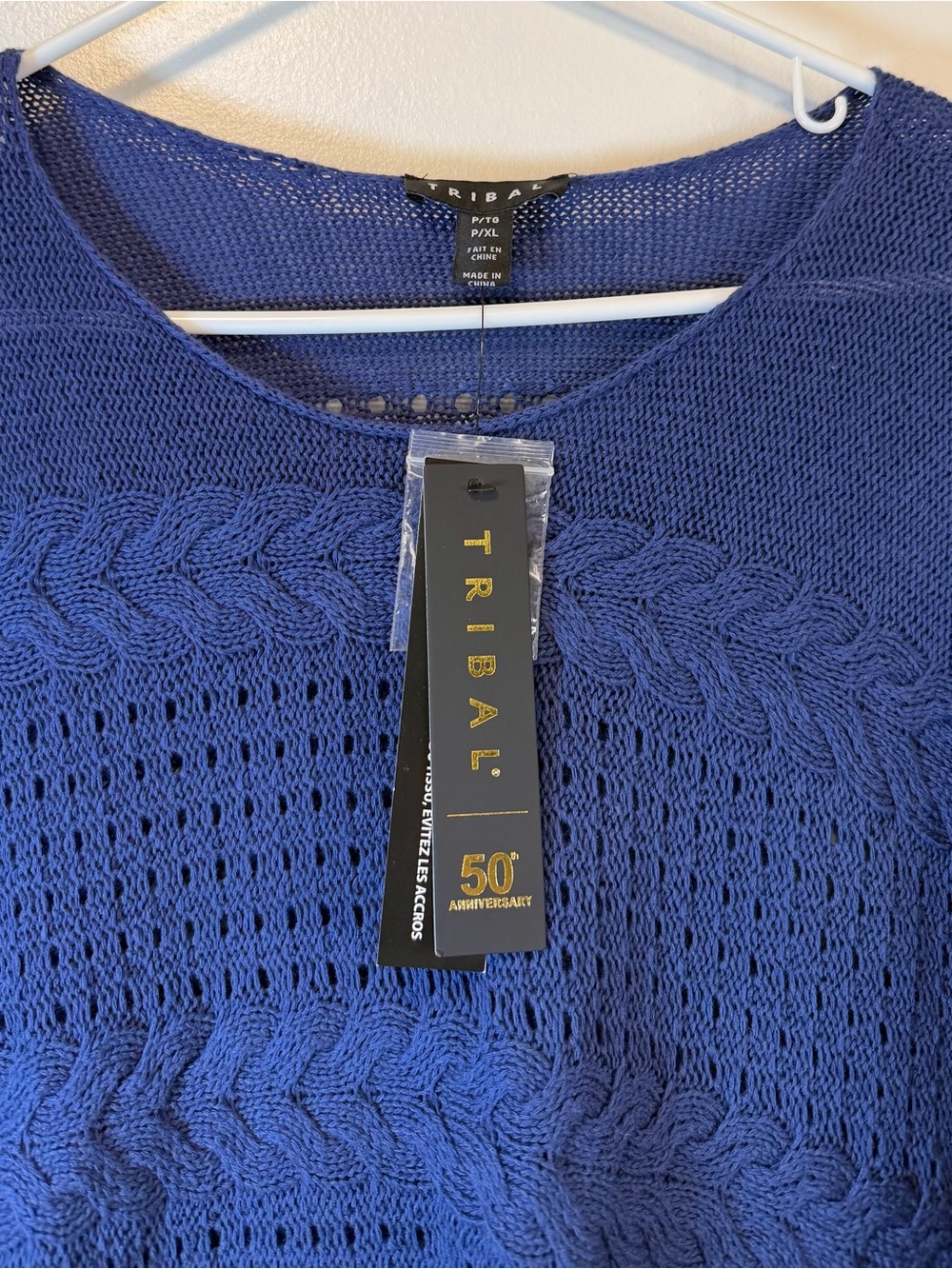 Tribal Open-Knit Navy Cable Sweater Chevron Design 3/4 Sleeves Women’s XL Petite - Picture 3 of 7
